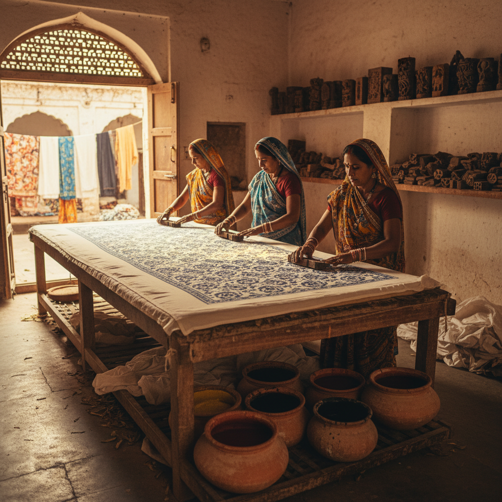 Artisan hand block printing fabric in Rajasthan